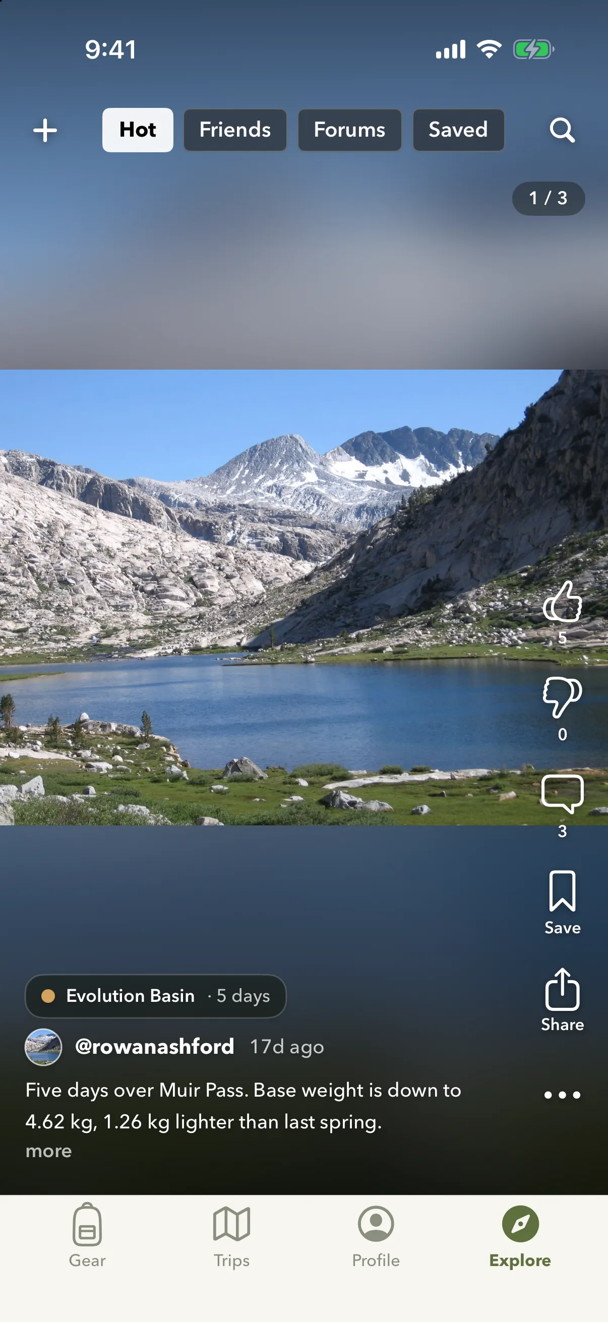 Explore feed: a trip highlight from Evolution Basin, 5 days, with a lake photo and the caption Five days over Muir Pass