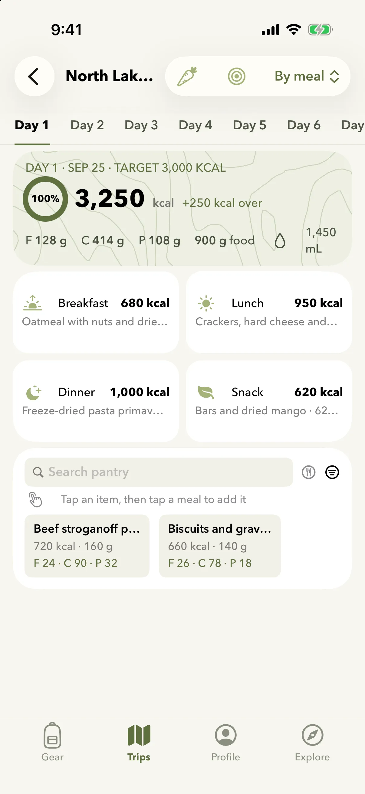 Meal plan for day 1: 3,250 kcal against a 3,000 kcal target, with breakfast, lunch, dinner and a snack