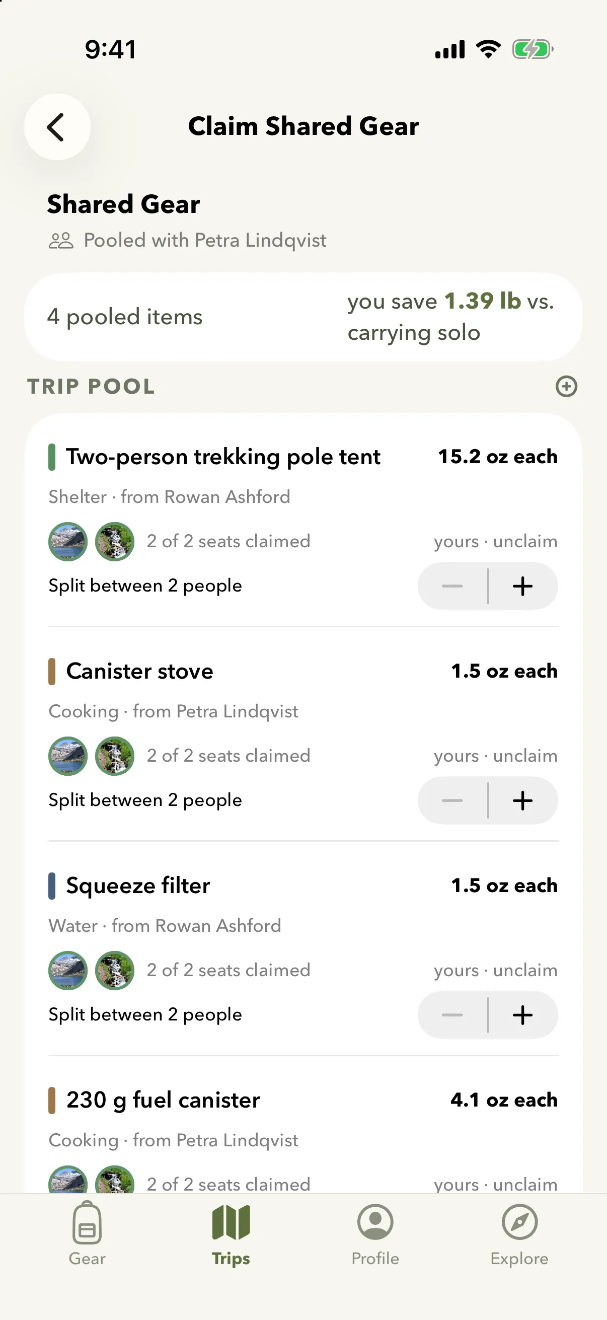 Shared gear for a group trip: 3 pooled items, a tent, a stove set and a water filter, with every seat claimed and 2.26 lb saved against carrying solo